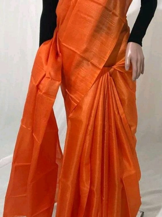 Orange Plain Pure Tussar Silk Saree