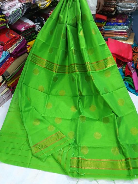 Parrot Green Cotton Silk Golden Ball Butti Saree