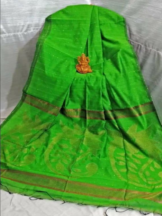 Pleasing Parrot Green Sequins Cotton Silk Saree With Exclusively Designed Pallu