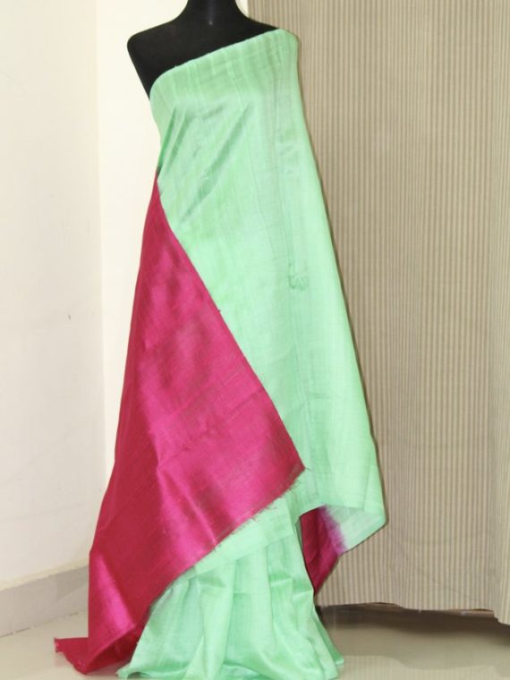 Pretty Pista Green Pink Fusion Plain Tussar Raw Silk Saree