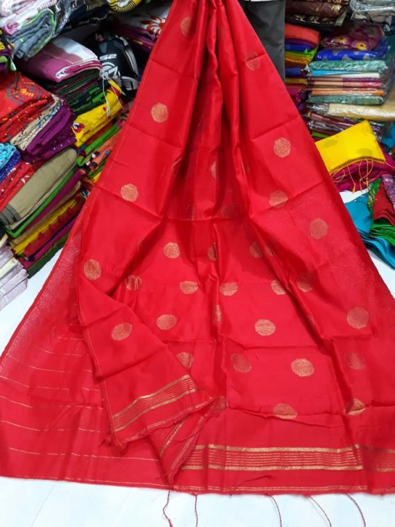 Red Cotton Silk Golden Ball Butti Saree