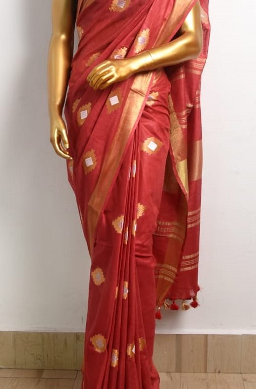 Red Linen Embroidery Saree With Beautiful Butta Work