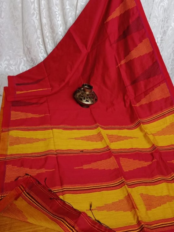 Red Yellow Ikkat Design Cotton Silk Saree with Beautiful Pallu