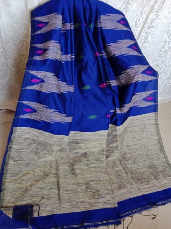 Royal Blue Cotton Silk Saree With Giccha Weave On Border Pallu