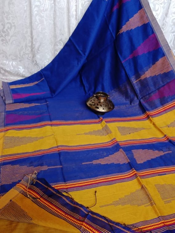 Royal Blue Yellow Ikkat Design Cotton Silk Saree with Beautiful Pallu