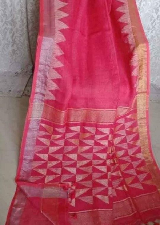 Strikingly Beautiful Pink Linen Saree with Temple Border and Exclusive Designer Pallu