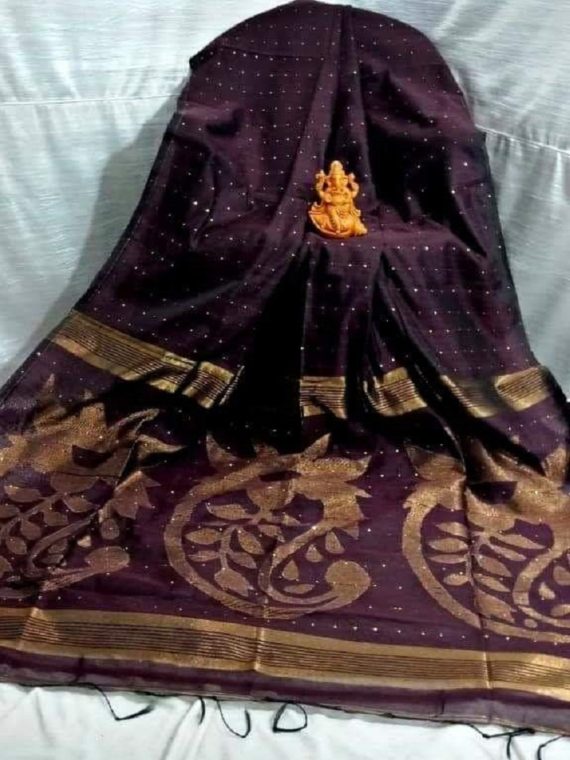 Stunning Burgundy Sequins Cotton Silk Saree With Exclusively Designed Pallu