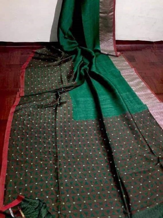 Stunning Green Cotton Linen Weave Saree With Exclusive Border Pallu