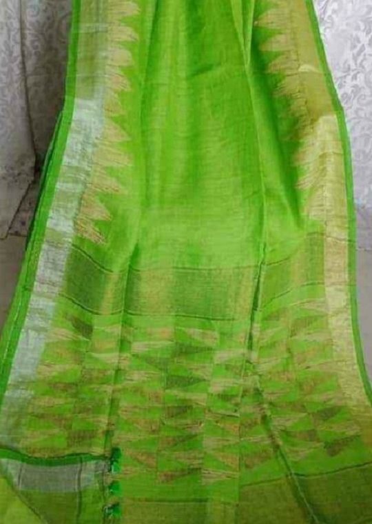 Stunning Parrot Green Linen Saree with Silver Golden Temple Border