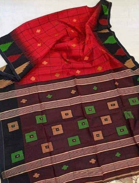 Stunning Red Check Design Cotton Silk Saree With Ikkat Weaving