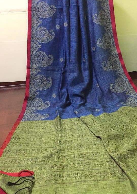 Subtle Blue Linen Saree with Mango Design Border