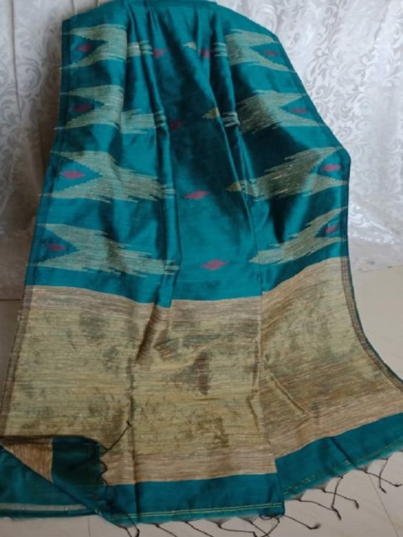 Teal Blue Cotton Silk Saree With Giccha Weave On Border Pallu