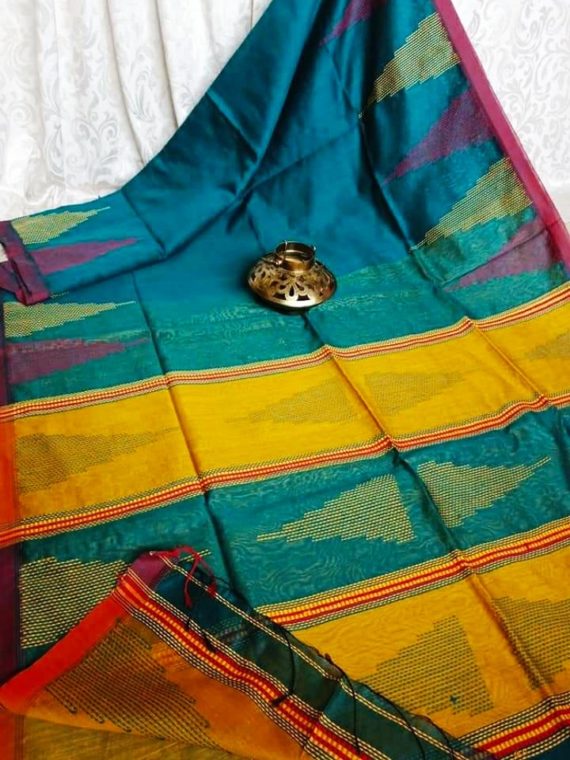 Teal Blue Yellow Ikkat Design Cotton Silk Saree with Beautiful Pallu