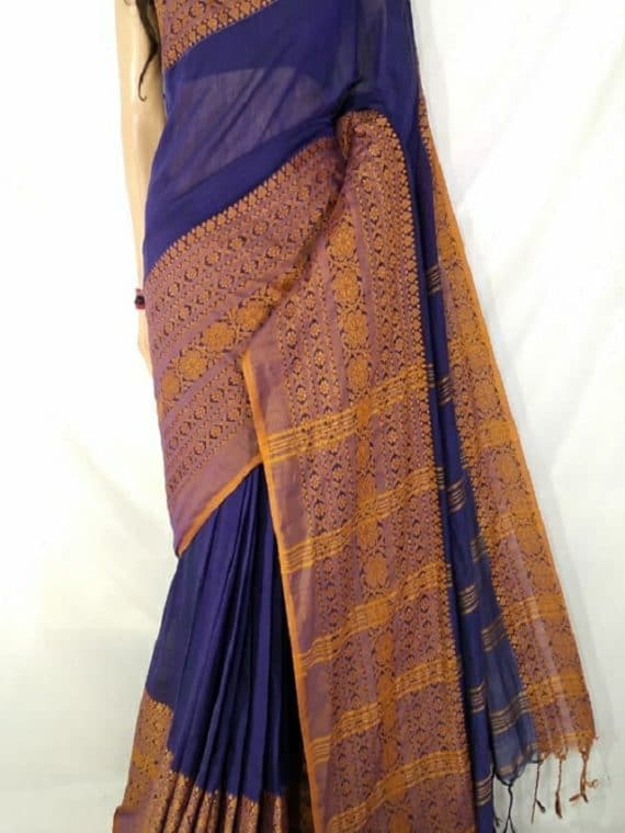 Trendy Violet Mustard Yellow Pure Cotton Begumpuri Saree