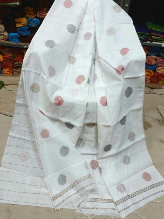 White Cotton Silk Black Red Ball Butti Saree