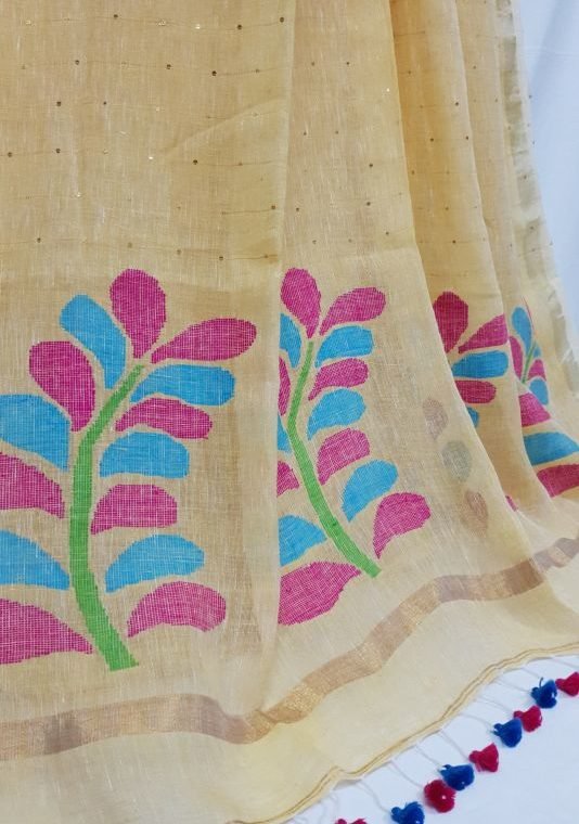 Linen Saree - Blue with Floral Prints