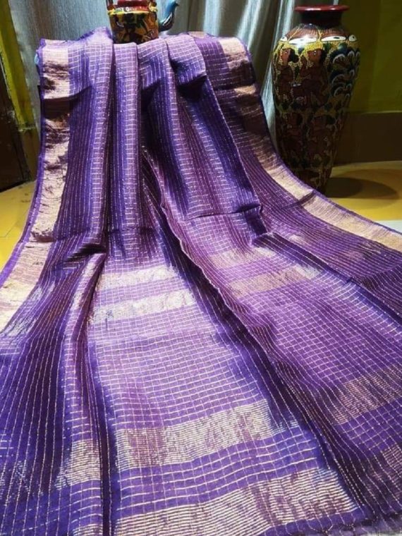 Mesmerizing Dark Purple Golden Check Linen Saree