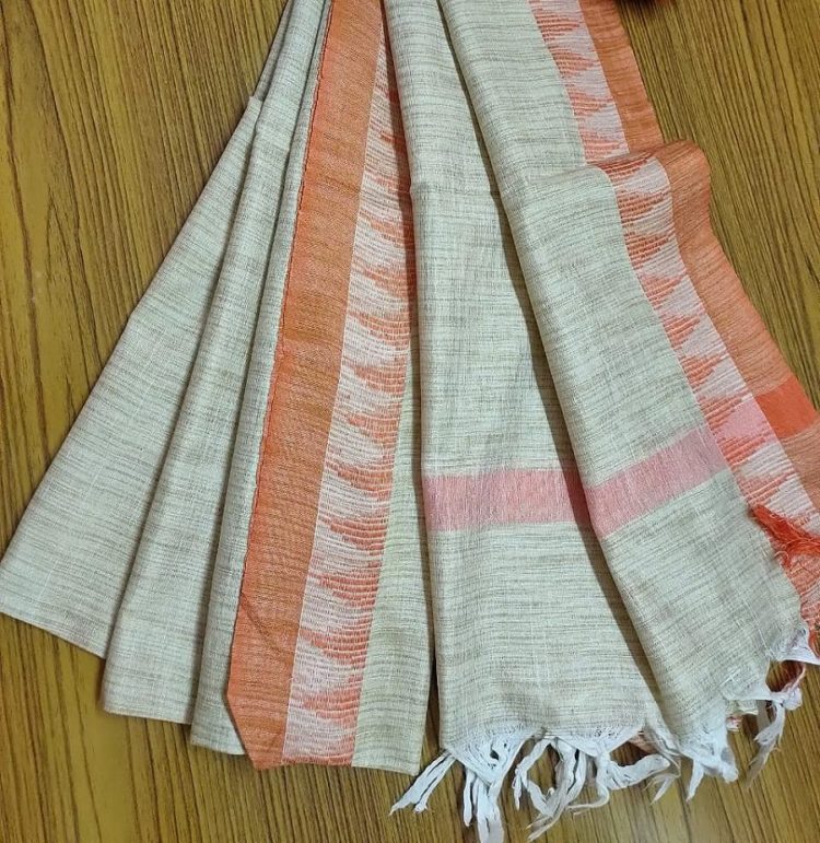 Orange Temple Border Khadi Silk Dupatta_