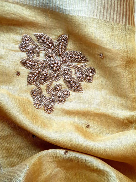 Handwork Embroidery on Golden Tissue Linen Saree