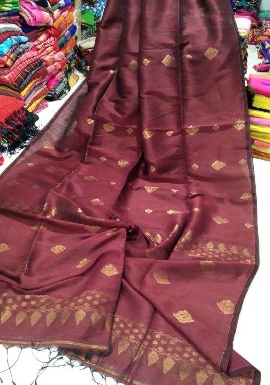 Beautiful Maroon Golden Zari Handwoven Jamdani Cotton Linen Saree