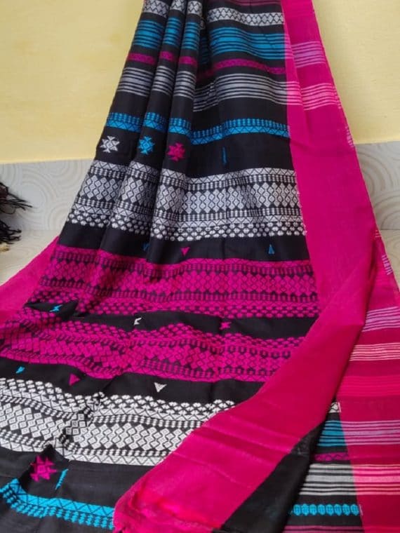 Black Pink Multicolor Stripe Pattern Cotton Saree