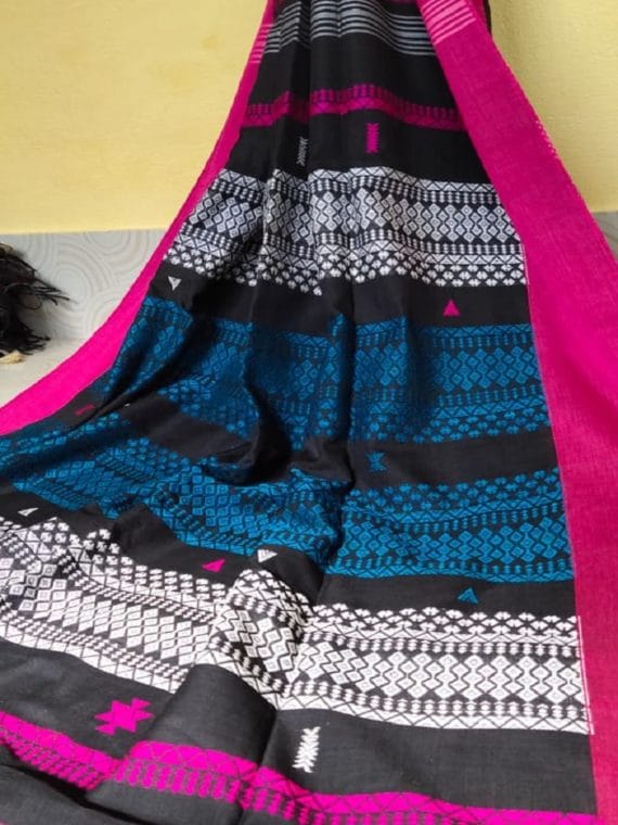Black White Blue Multicolor Stripe Pattern Cotton Saree