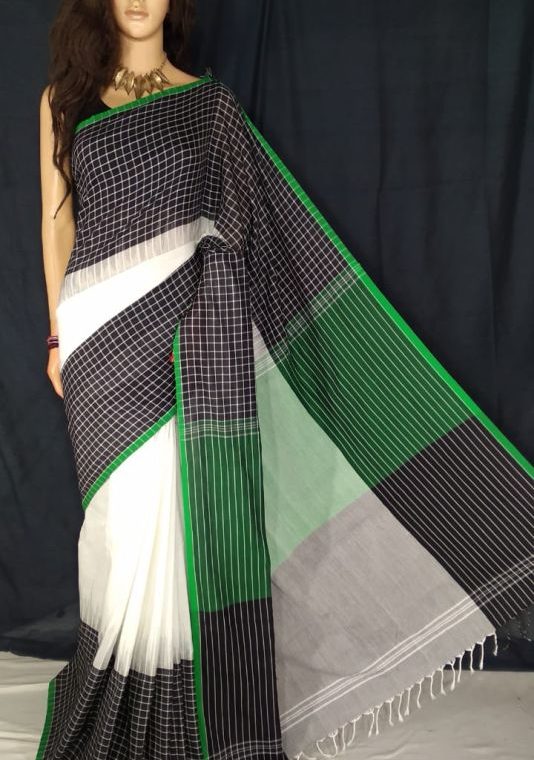 Black White Green Fusion Khadi Check Saree