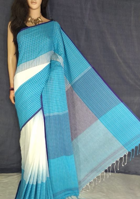 Blue White Fusion Khadi Check Saree