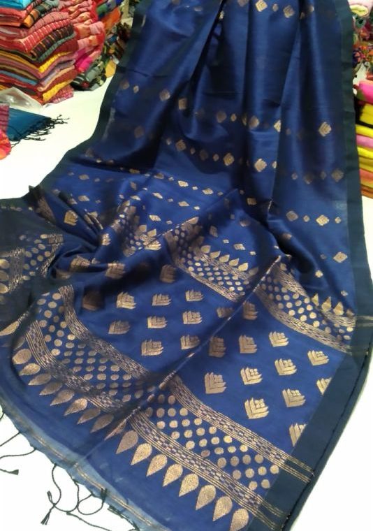 Dark Blue Golden Zari Handwoven Jamdani Cotton Linen Saree