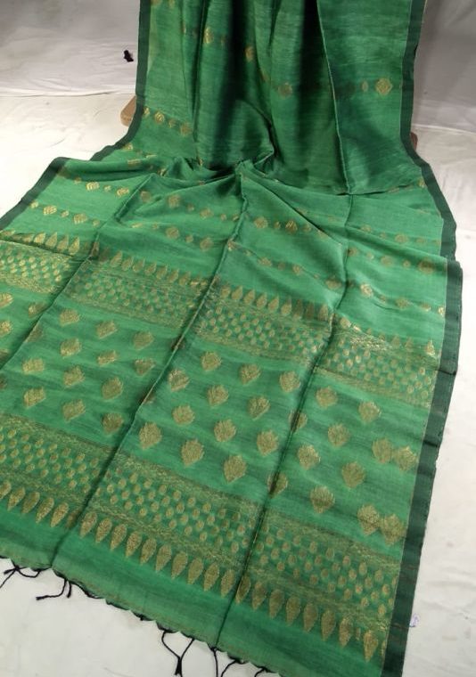 Dark Green Golden Zari Handwoven Jamdani Cotton Linen Saree