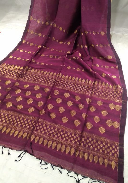 Dark Magenta Golden Zari Handwoven Jamdani Cotton Linen Saree