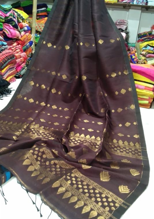 Dark Maroon Golden Zari Handwoven Jamdani Cotton Linen Saree