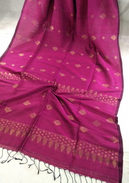 Dark Pink Golden Zari Handwoven Jamdani Cotton Linen Saree