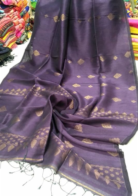 Dark Purple Golden Zari Handwoven Jamdani Cotton Linen Saree