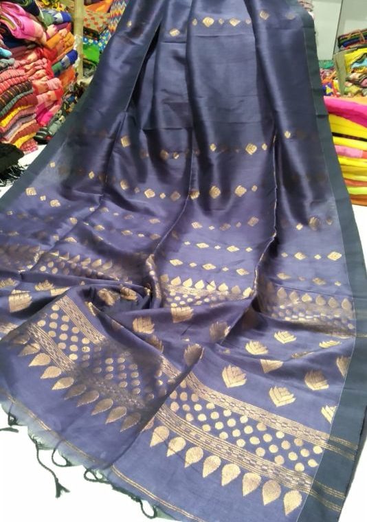 Dark Voilet Golden Zari Handwoven Jamdani Cotton Linen Saree