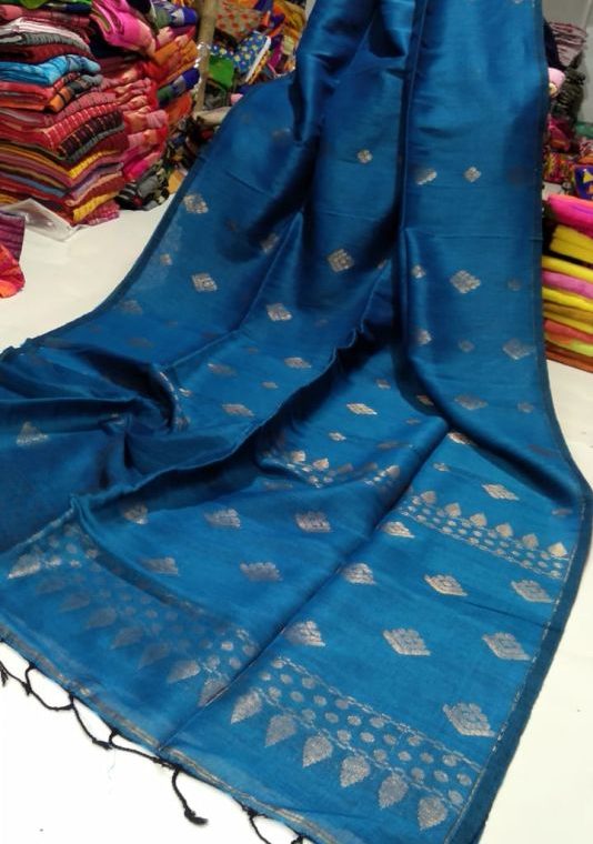 Divine Blue Golden Zari Handwoven Jamdani Cotton Linen Saree