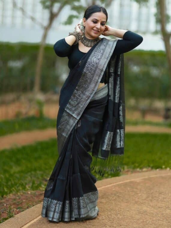 Gorgeous Black Linen Handloom Saree with Banarasi Design