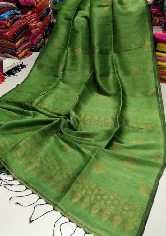 Gorgeous Green Golden Zari Handwoven Jamdani Cotton Linen Saree