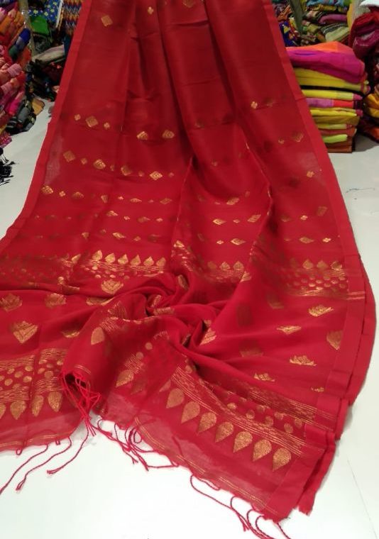 Lovely Red Golden Zari Handwoven Jamdani Cotton Linen Saree