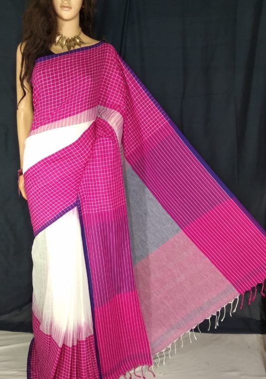 Pink White Fusion Khadi Check Saree