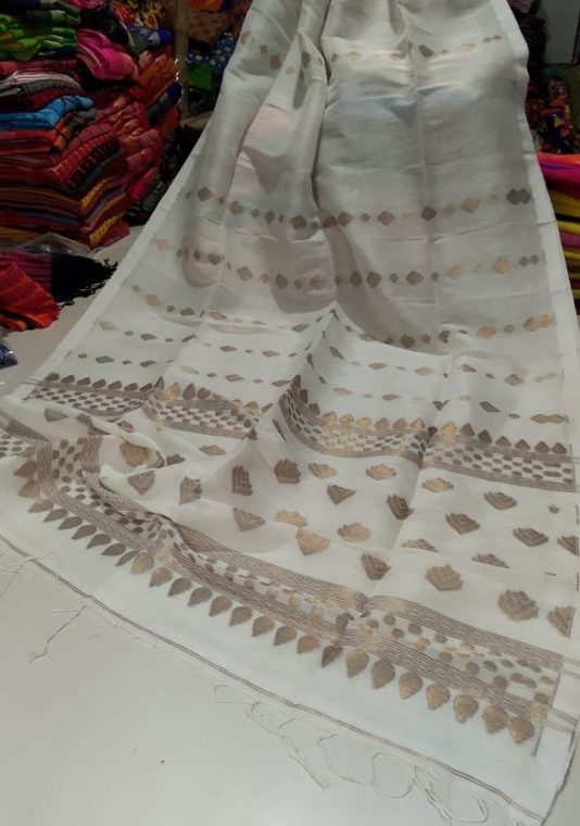 Pleasing White Golden Zari Handwoven Jamdani Cotton Linen Saree