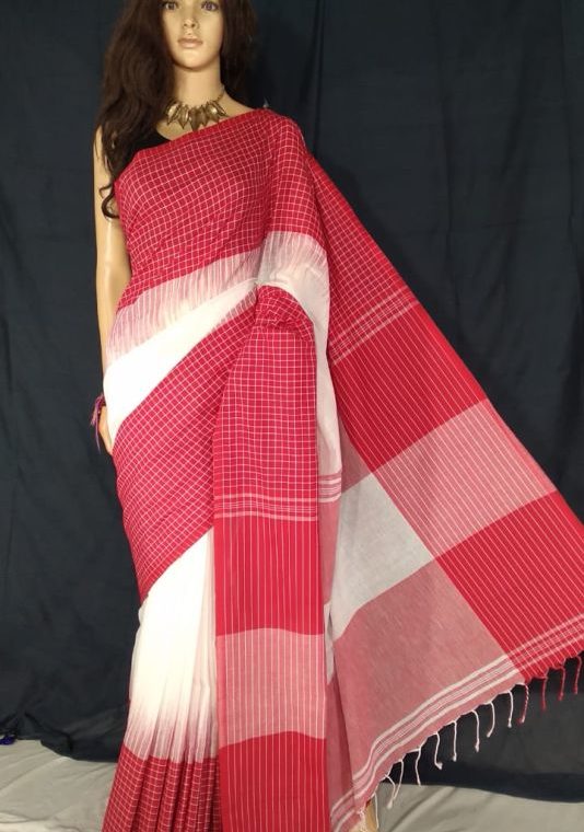 Red White Fusion Khadi Check Saree