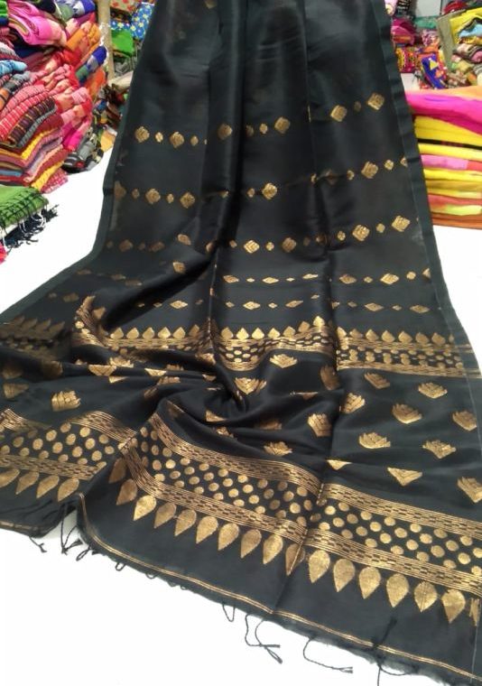 Stunning Black Golden Zari Handwoven Jamdani Cotton Linen Saree