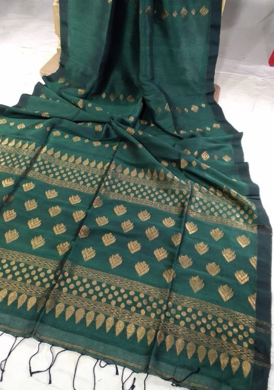 Teal Green Golden Zari Handwoven Jamdani Cotton Linen Saree