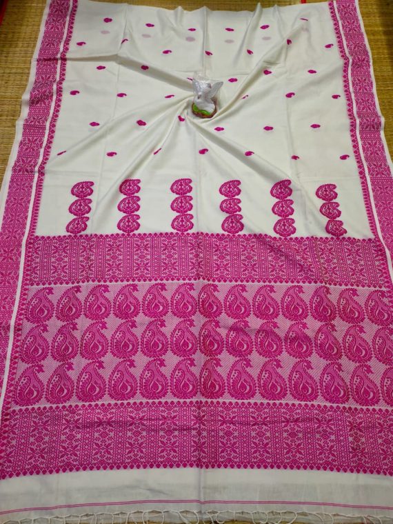 White Pink Mango Butti Cotton Handwoven Saree