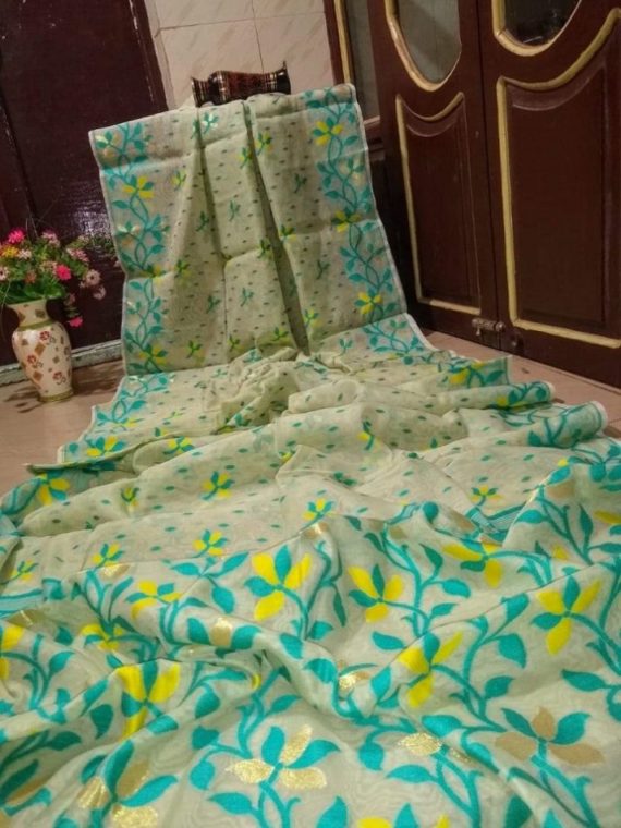 Alluring Cream with Aqua Blue Floral Design Soft Dhakai Jamdani Saree