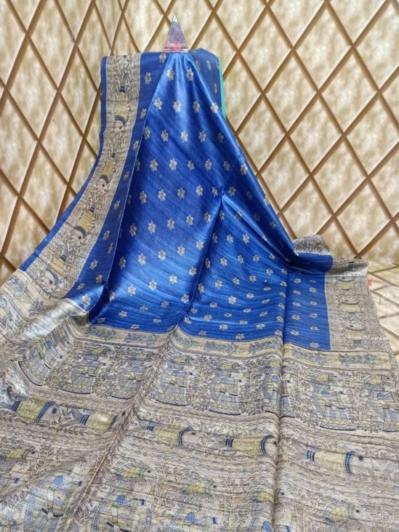 Awesome Blue Tussar Giccha Madhubani Print Saree