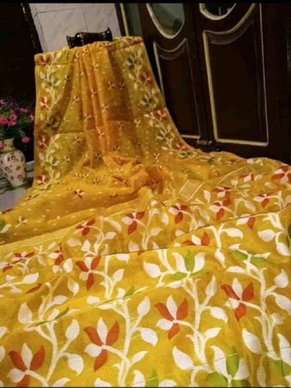 Beautiful Yellow Soft Dhakai Jamdani Saree