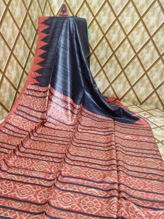 Black Ligh Brick Red Temple border Tussar Giccha Madhubani Print Saree