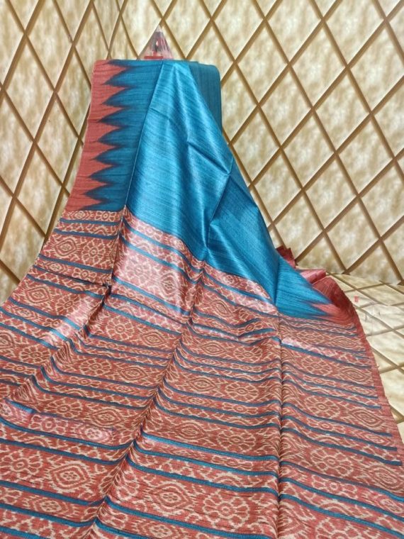 Blue Temple border Tussar Giccha Madhubani Print Saree